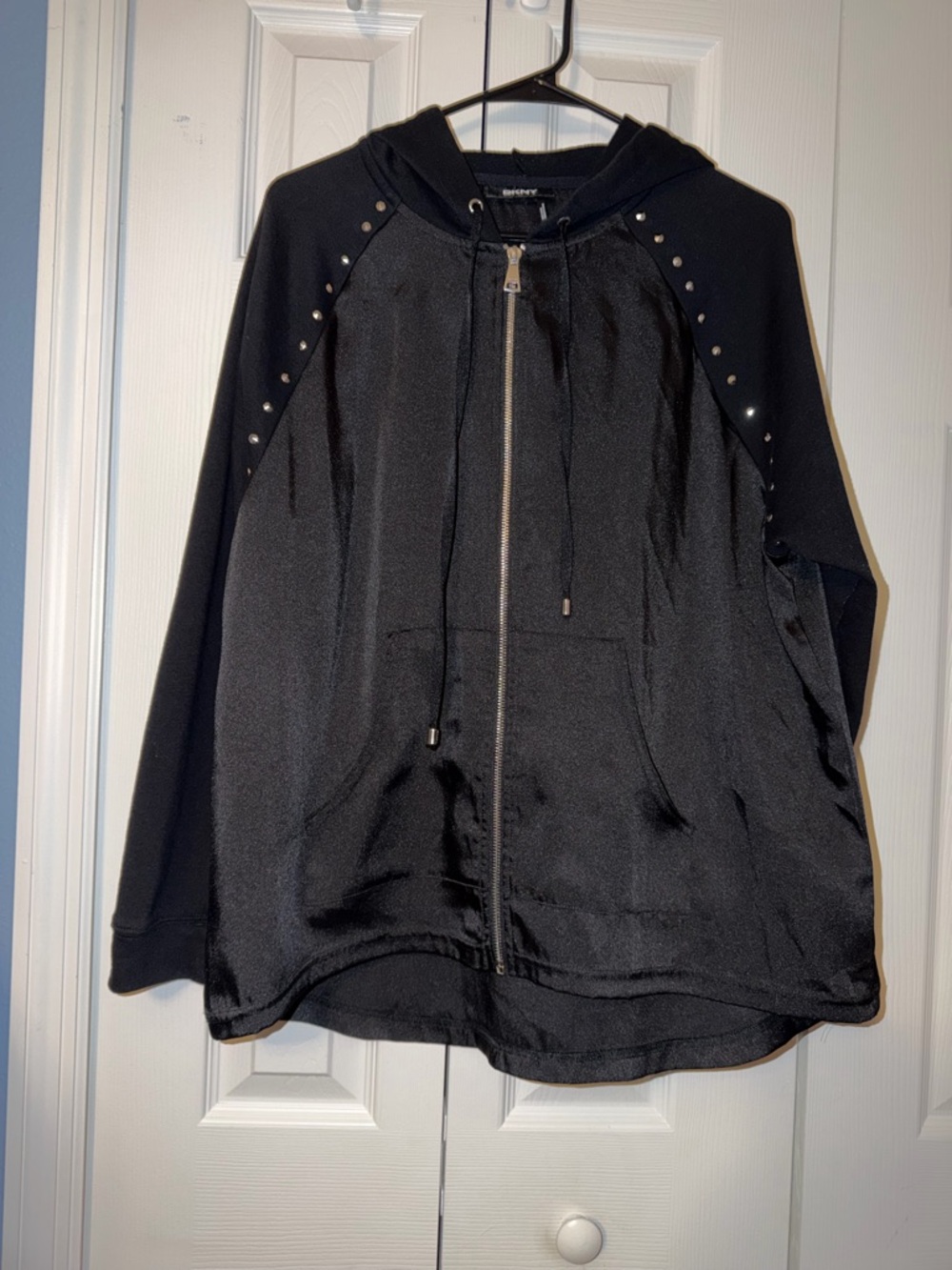 DKNY Black Hooded Zip-Front Bomber Jacket with Stud Accents